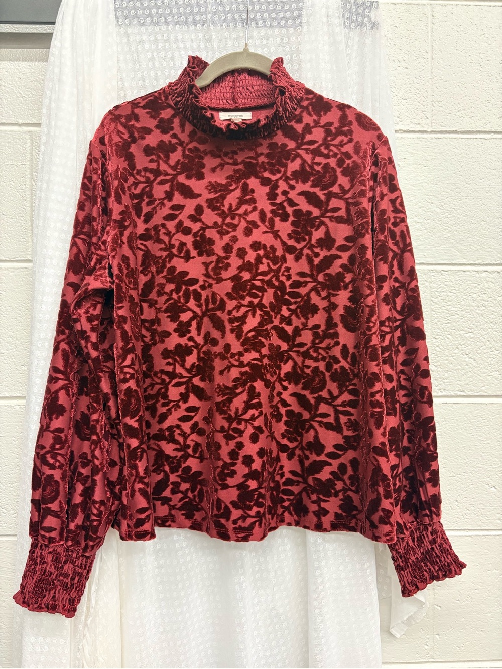 Velvet Floral Burnout Mock Neck Top - Wine Red Festival